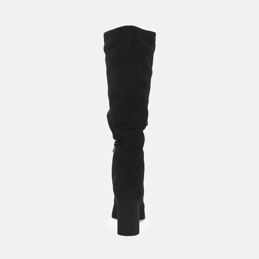 Women's Black Chunky High Heel Square Zipper Wide Calf Knee High Boots